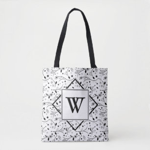 Elegant   Black White   Floral   MONOGRAM Tote Bag