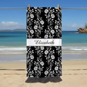 Elegant Black & White Floral Name Beach Towel