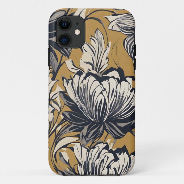Elegant Black & White Floral Pattern on Mustard Go Case-Mate iPhone Case (Back)