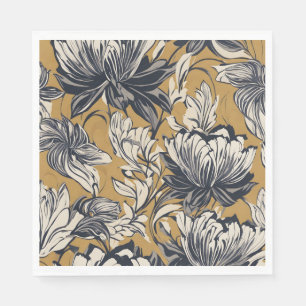 Elegant Black & White Floral Pattern on Mustard Go Napkin