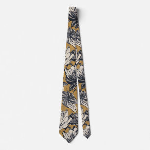 Elegant Black & White Floral Pattern on Mustard Go Tie