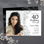 Elegant Black White Floral Photo 40th Birthday Invitation<br><div class="desc">Black white floral 40th birthday party invitation with your photo on the front of the card. Elegant modern design featuring botanical outline drawings accents and typography script font. Simple trendy invite card perfect for a stylish female bday celebration. Can be customised to any age. Printed Zazzle invitations or instant download...</div>