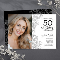 Elegant Black White Floral Photo 50th Birthday