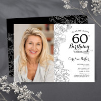 Elegant Black White Floral Photo 60th Birthday