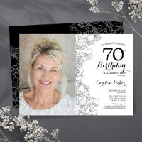 Elegant Black White Floral Photo 70th Birthday