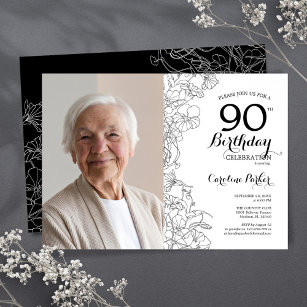Elegant Black White Floral Photo 90th Birthday Invitation