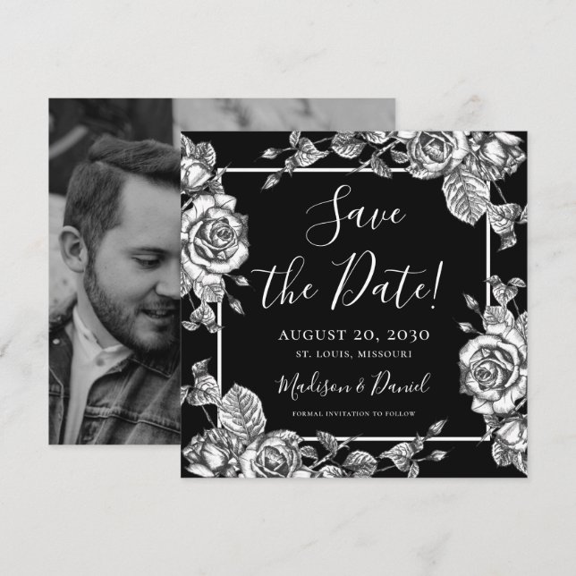 Elegant Black White Floral  Photo Save the Date Invitation (Front/Back)