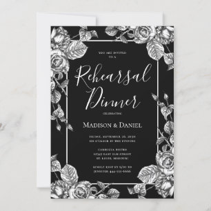 Elegant Black White Floral Rehearsal Dinner Invitation