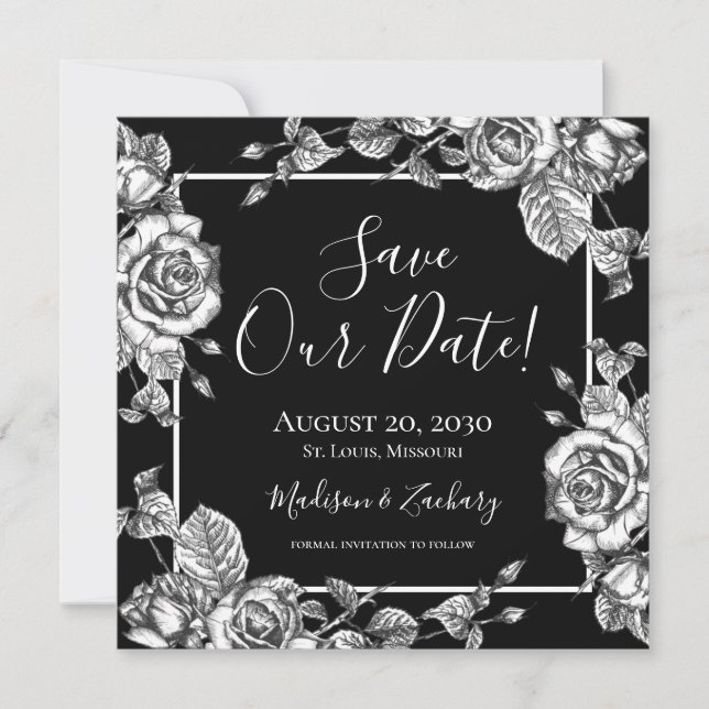 Elegant Black White Floral Save Our Date Invitation (Front)
