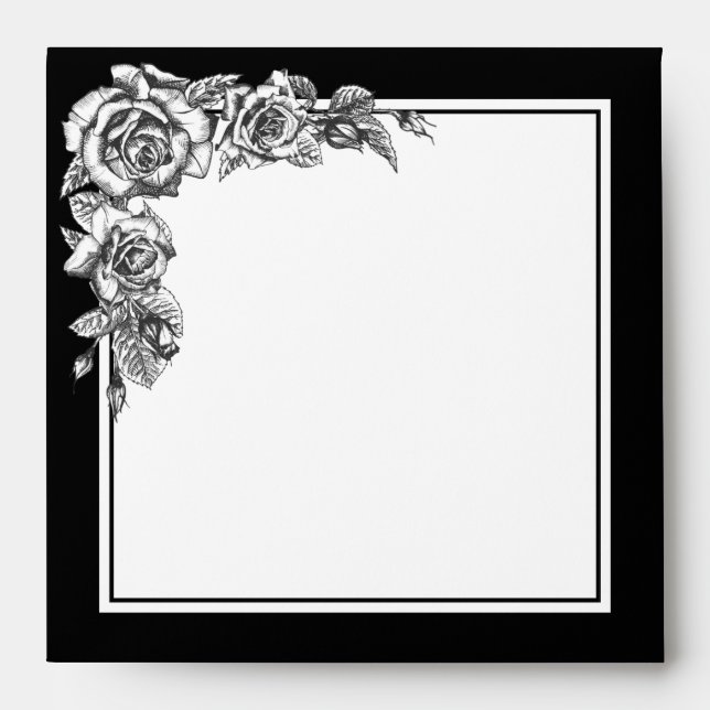 Elegant Black White Floral Square Invitation Envelope (Front)