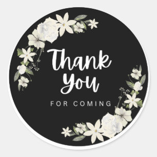 Elegant Black White Floral Thank You For Coming Ro Classic Round Sticker