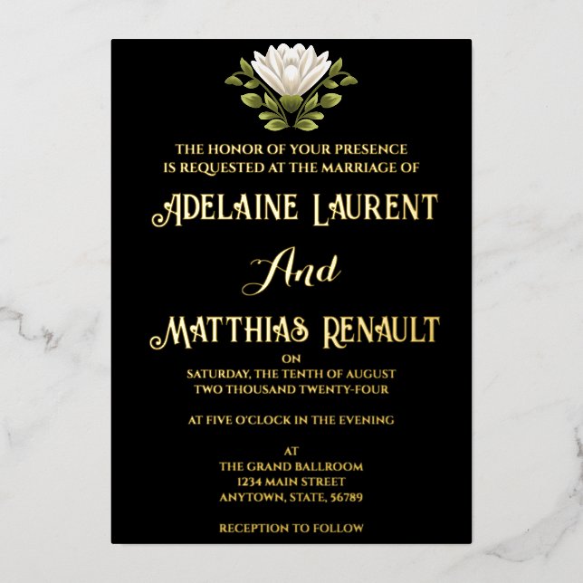 Elegant Black & White Floral Wedding: Calligraphy  (Front)