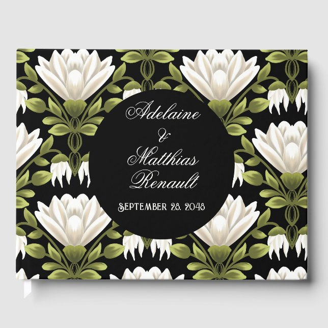 Elegant Black & White Floral Wedding: Calligraphy  Guest Book (Front)