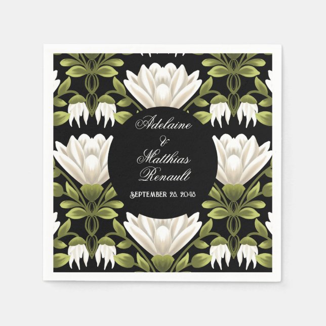 Elegant Black & White Floral Wedding: Calligraphy  Napkin (Front)