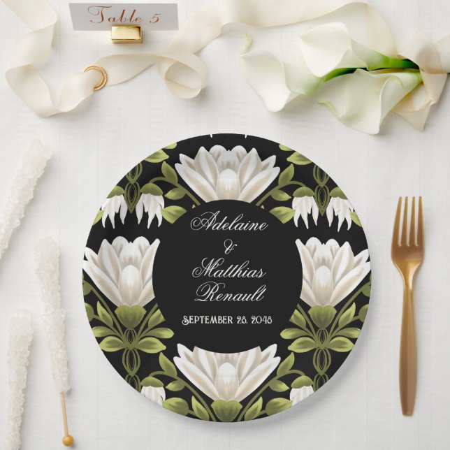 Elegant Black & White Floral Wedding: Calligraphy  Paper Plate (Wedding)