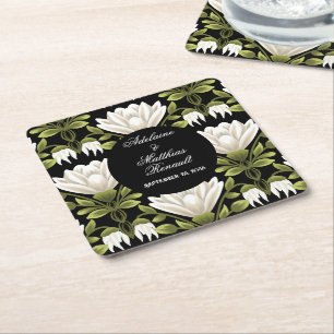 Elegant Black & White Floral Wedding: Calligraphy  Square Paper Coaster