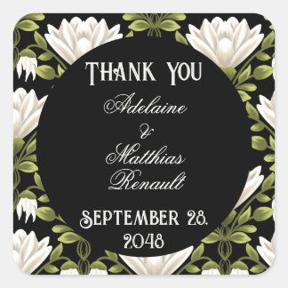 Elegant Black & White Floral Wedding: Calligraphy Square Sticker