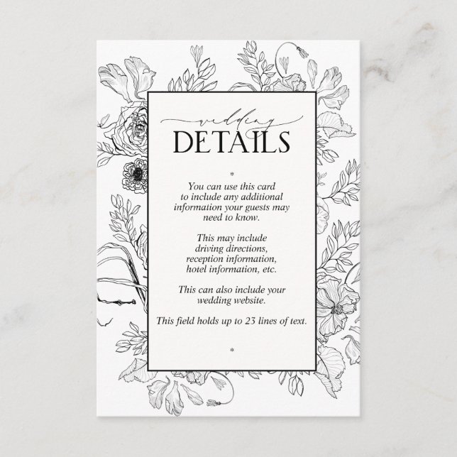 Elegant Black White Floral Wedding Details Enclosure Card (Front)