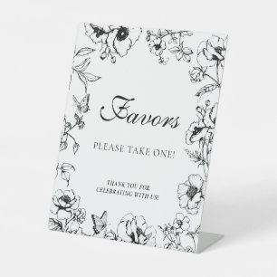 Elegant Black White Floral Wedding Favours Pedestal Sign