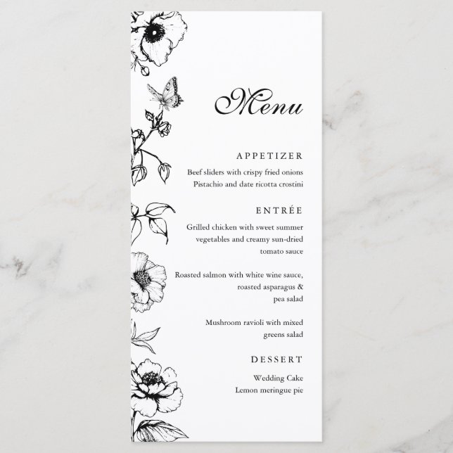 Elegant Black & White Floral Wedding Flat Menu (Front)