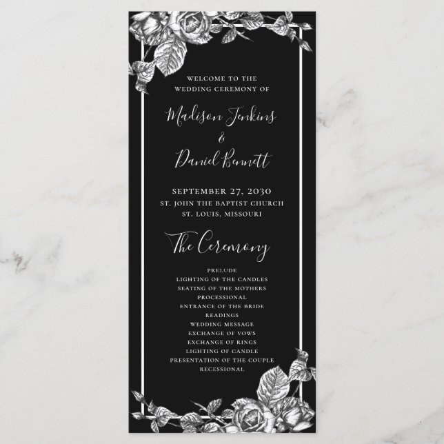 Elegant Black White Floral Wedding Program Programme (Front)