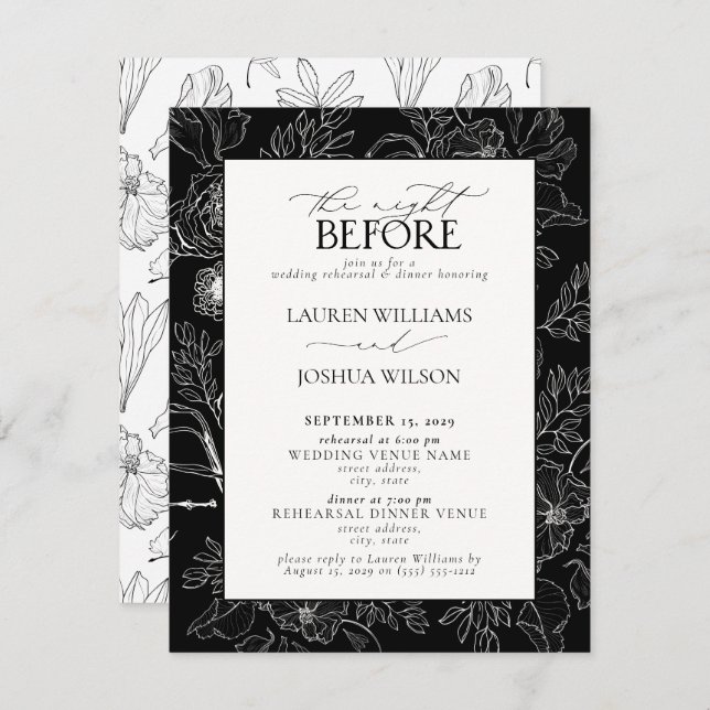 Elegant Black White Floral Wedding Rehearsal Invitation (Front/Back)