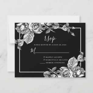 Elegant Black White Floral Wedding RSVP Card