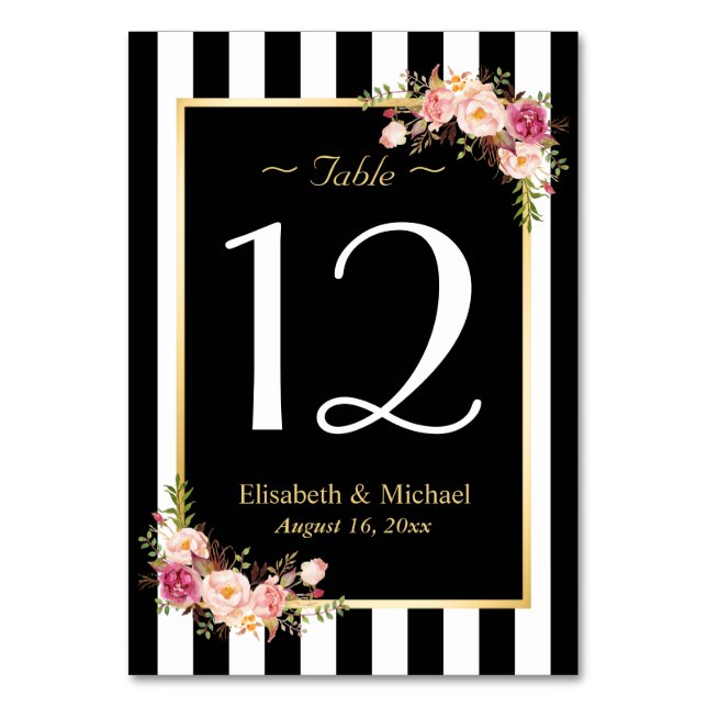 Elegant Black White Floral Wedding Table Number (Front)