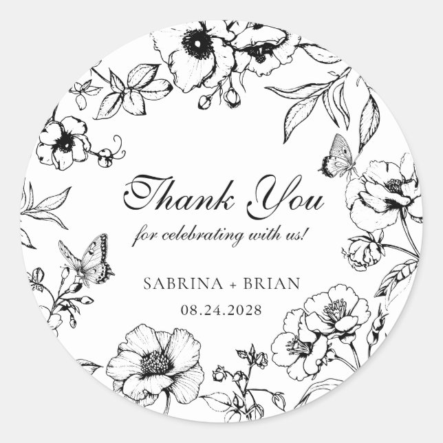 Elegant Black White Floral Wedding Thank You Classic Round Sticker (Front)