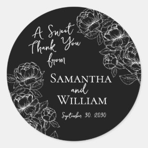Elegant Black White Floral Wedding Thank You Favou Classic Round Sticker