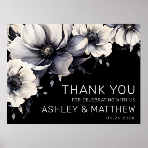 Elegant Black White Floral Wedding Thank You Poster