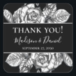 Elegant  Black White Floral Wedding Thank You Square Sticker<br><div class="desc">These Elegant Black White Floral Thank You Stickers are elegant, modern, chic, and charming - perfect for a garden, botanical, rustic, romantic, floral, formal or vintage wedding. Their exquisite combination of graceful black and white roses and wispy foliage is flowy, delicate, and beautiful. Their monochromatic design is stunning and classic....</div>