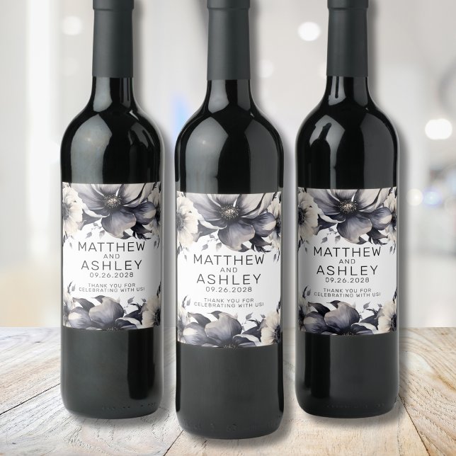 Elegant Black White Floral Wedding Wine Label (Elegant Modern Boho Floral Black White Wedding Wine Label)