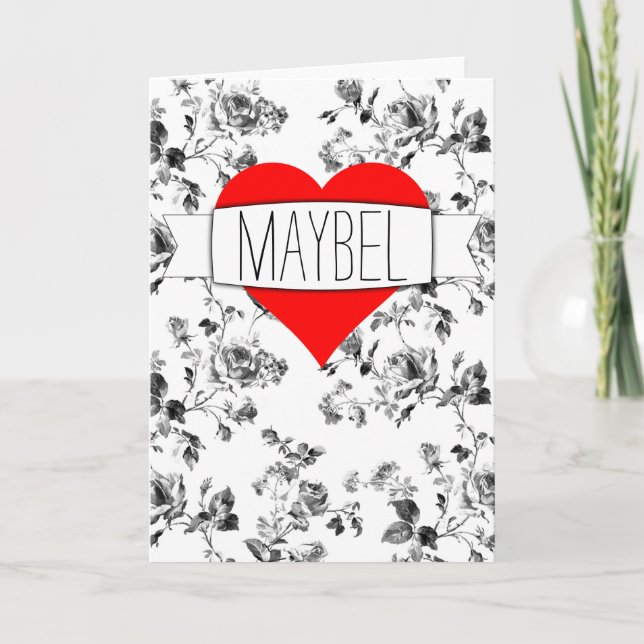Elegant Black & White Floral with Bright Red Heart Holiday Card (Front)