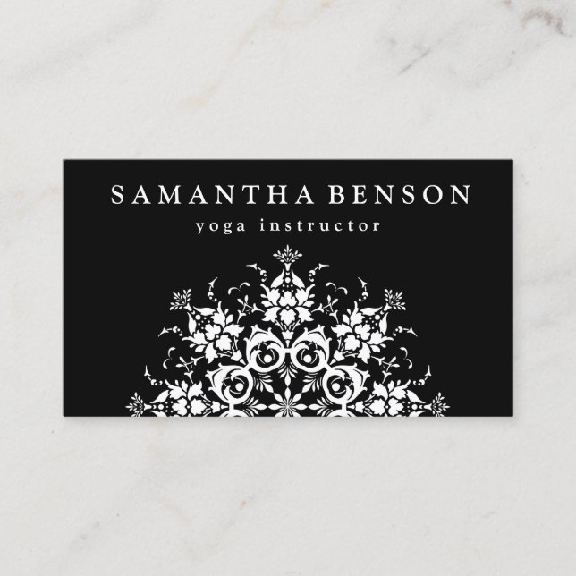 Elegant Black & white Flower Logo Yoga Business Card (Front)