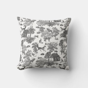 Elegant Black White Fox Rabbit Woodland Toile  Cushion