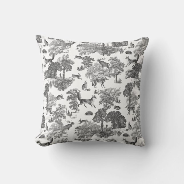 Elegant Black White Fox Rabbit Woodland Toile  Cushion (Front)