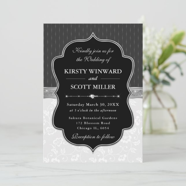 Elegant Black White Frame Floral Wedding Invitation (Standing Front)