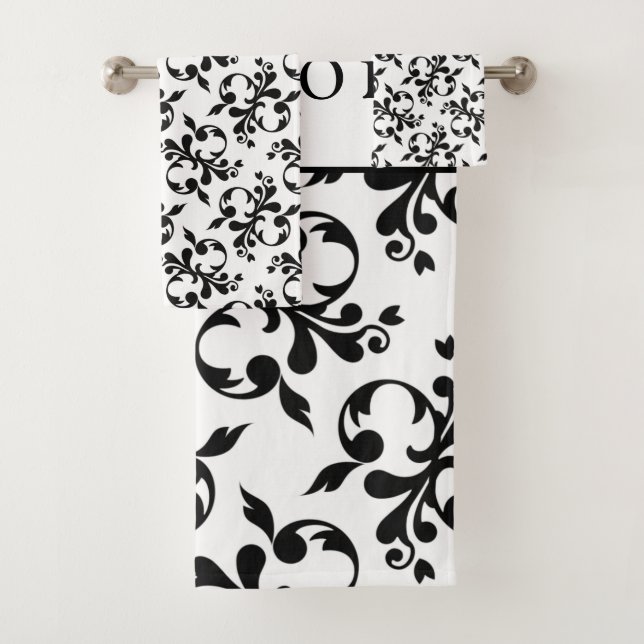 Elegant Black & White French Damask Pattern Bath Towel Set (Insitu)