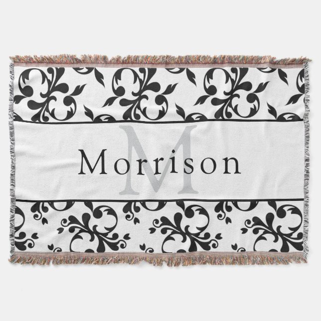 Elegant Black & White French Damask Pattern Throw Blanket (Front)