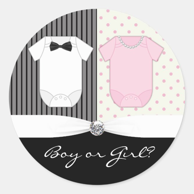 Elegant Black White Gender Reveal Classic Round Sticker (Front)