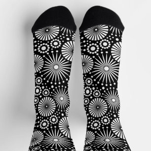 Elegant Black White Geometric Flowers Starburst Socks