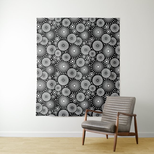 Elegant Black White Geometric Flowers Starburst Tapestry (In Situ)