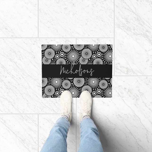 Elegant Black White Geometric Starburst Name  Doormat (Indoor)