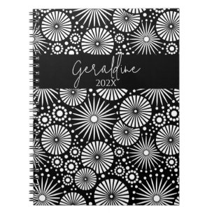 Elegant Black White Geometric Starburst Name  Notebook
