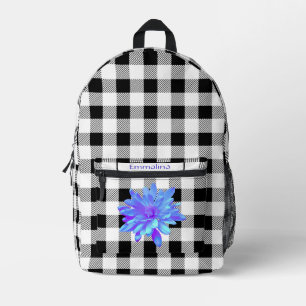 Elegant black white gingham boho purple floral printed backpack