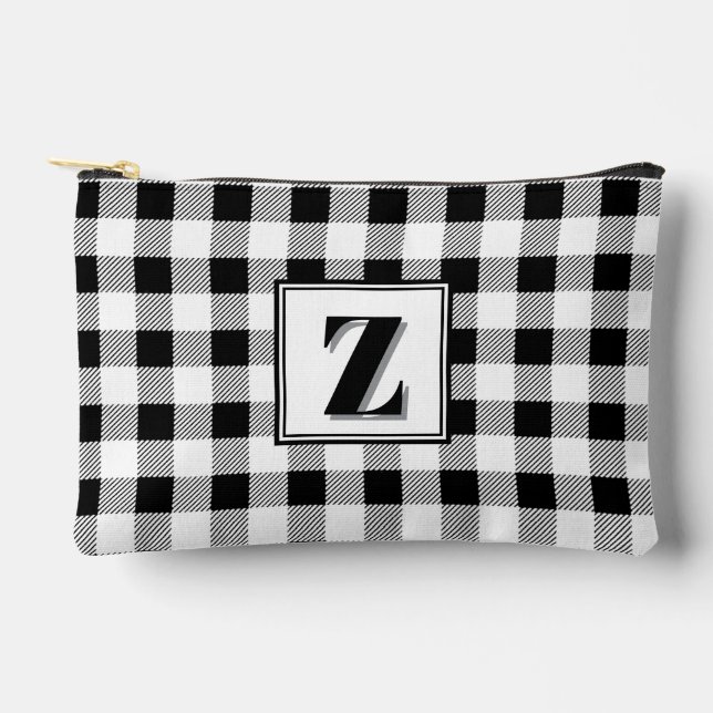 Elegant black white gingham customisable monogram  accessory pouch (Front)