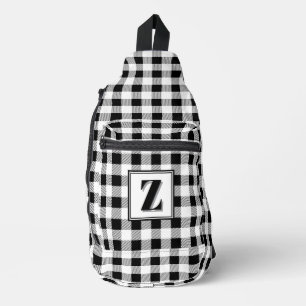 Elegant black white gingham customisable monogram sling bag