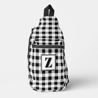 Elegant black white gingham customisable monogram sling bag