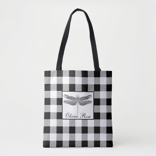 Elegant black white gingham dragonfly  tote bag (Front)